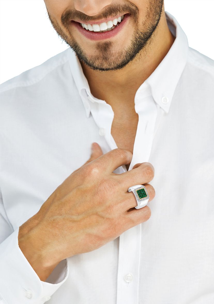 Mens White Topaz and Emerald Ring in Gold Over Sterling Silver