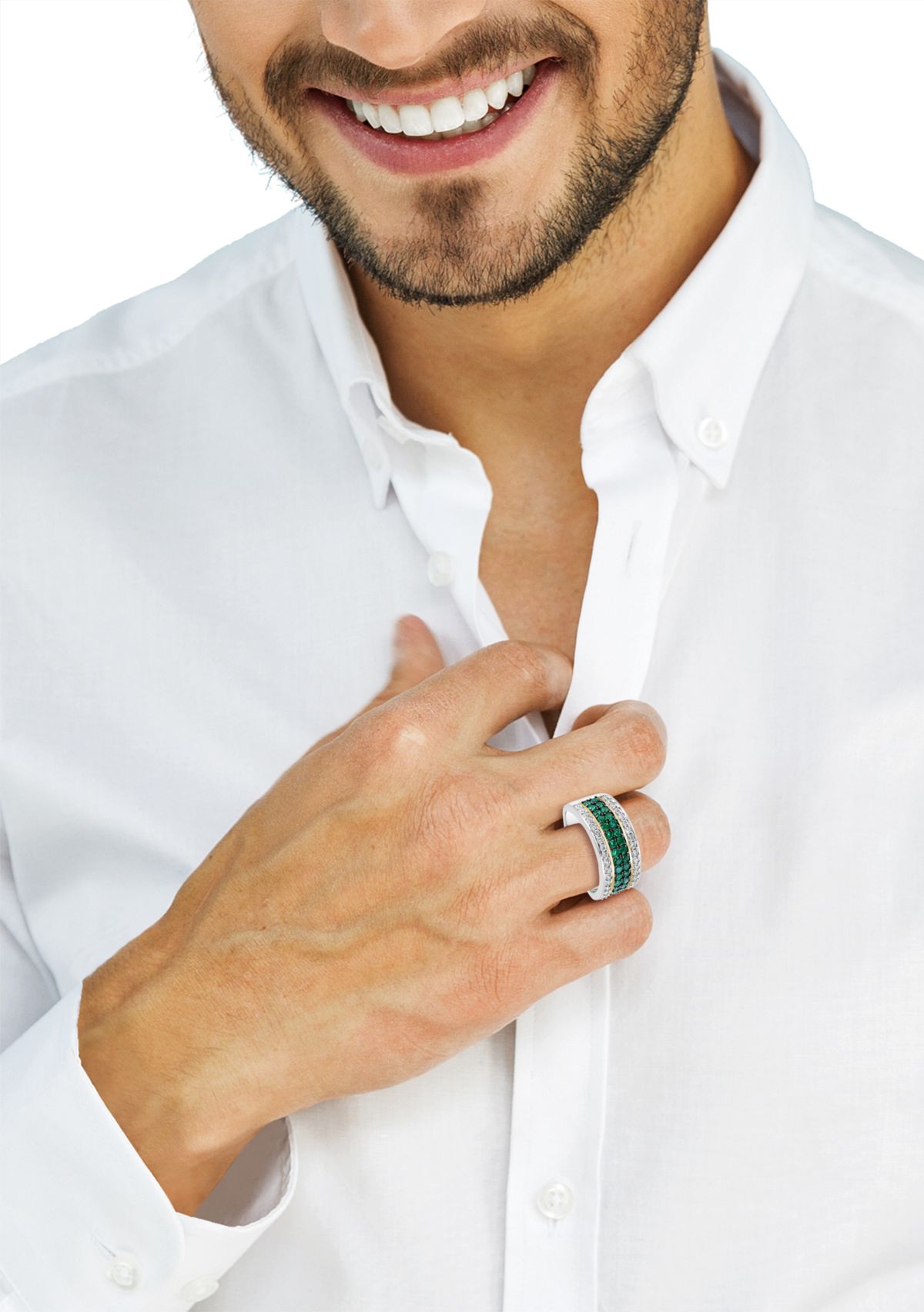 Mens White Sapphire and Emerald Ring in Gold Over Sterling Silver