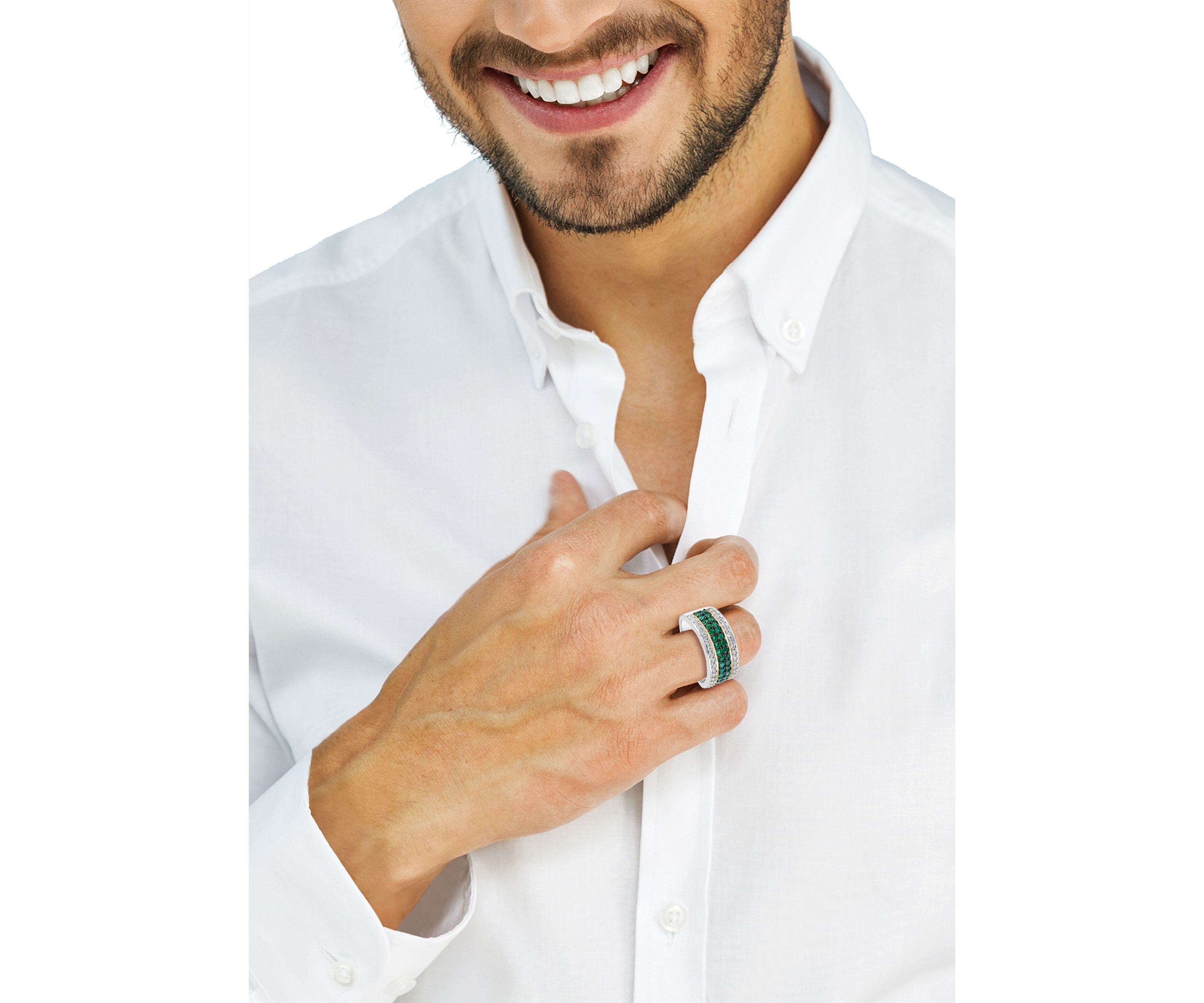 Mens White Sapphire and Emerald Ring in Gold Over Sterling Silver