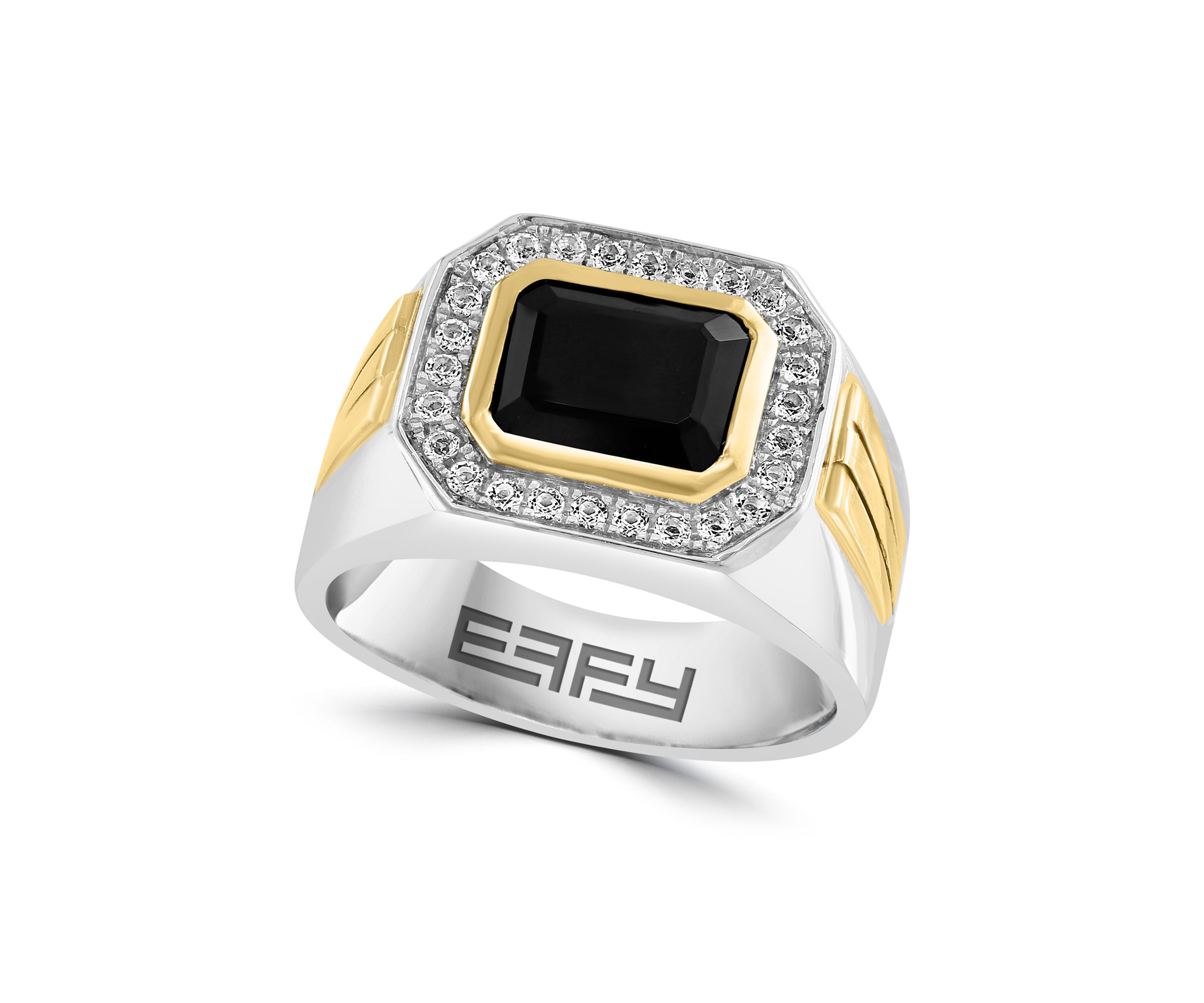 Mens White Topaz and Onyx Ring in Sterling Silver over Gold
