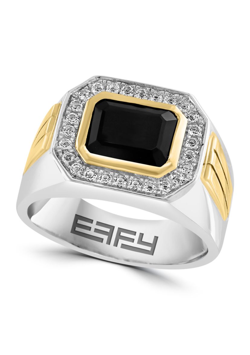 Mens White Topaz and Onyx Ring in Sterling Silver over Gold