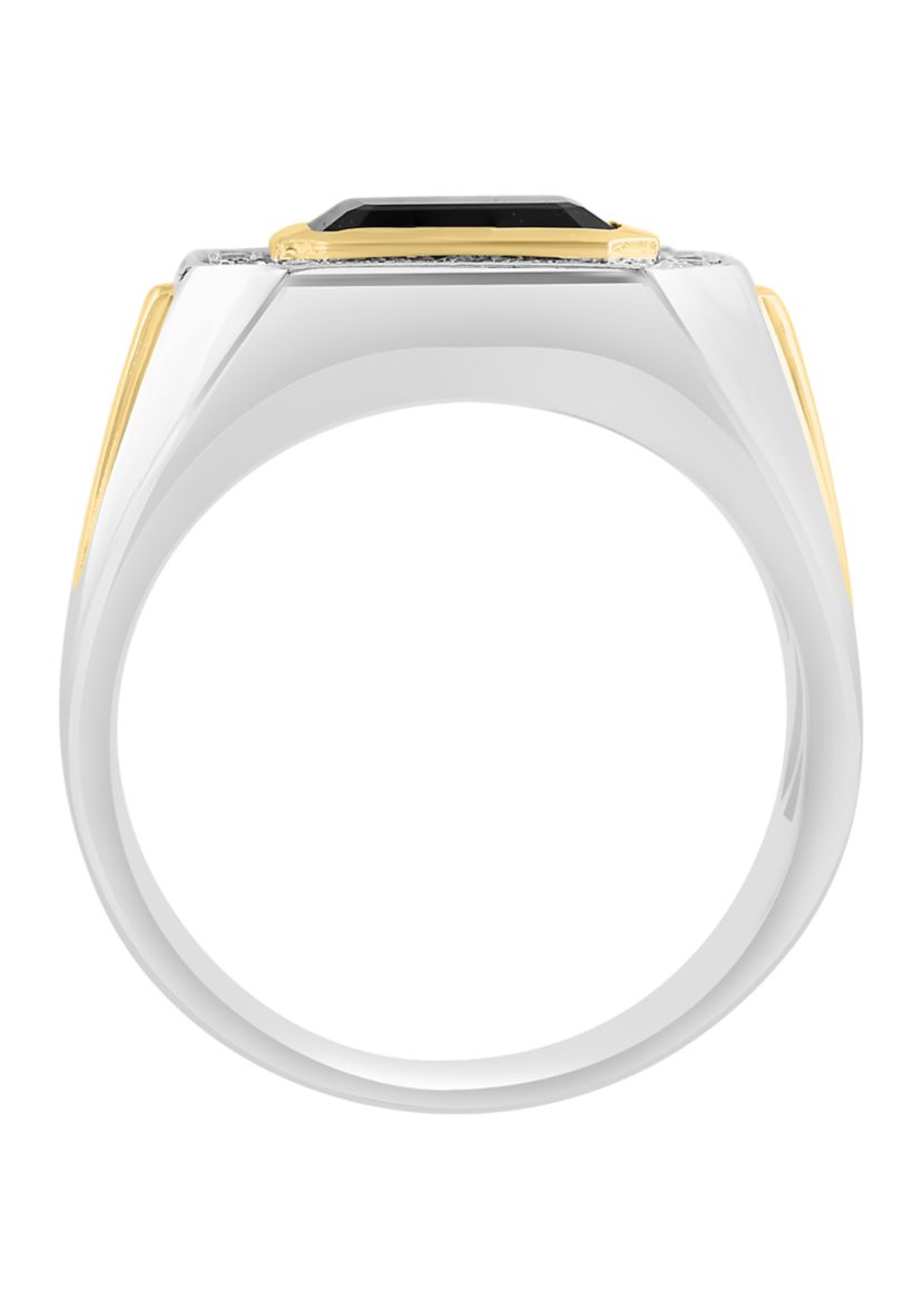 Mens White Topaz and Onyx Ring in Sterling Silver over Gold