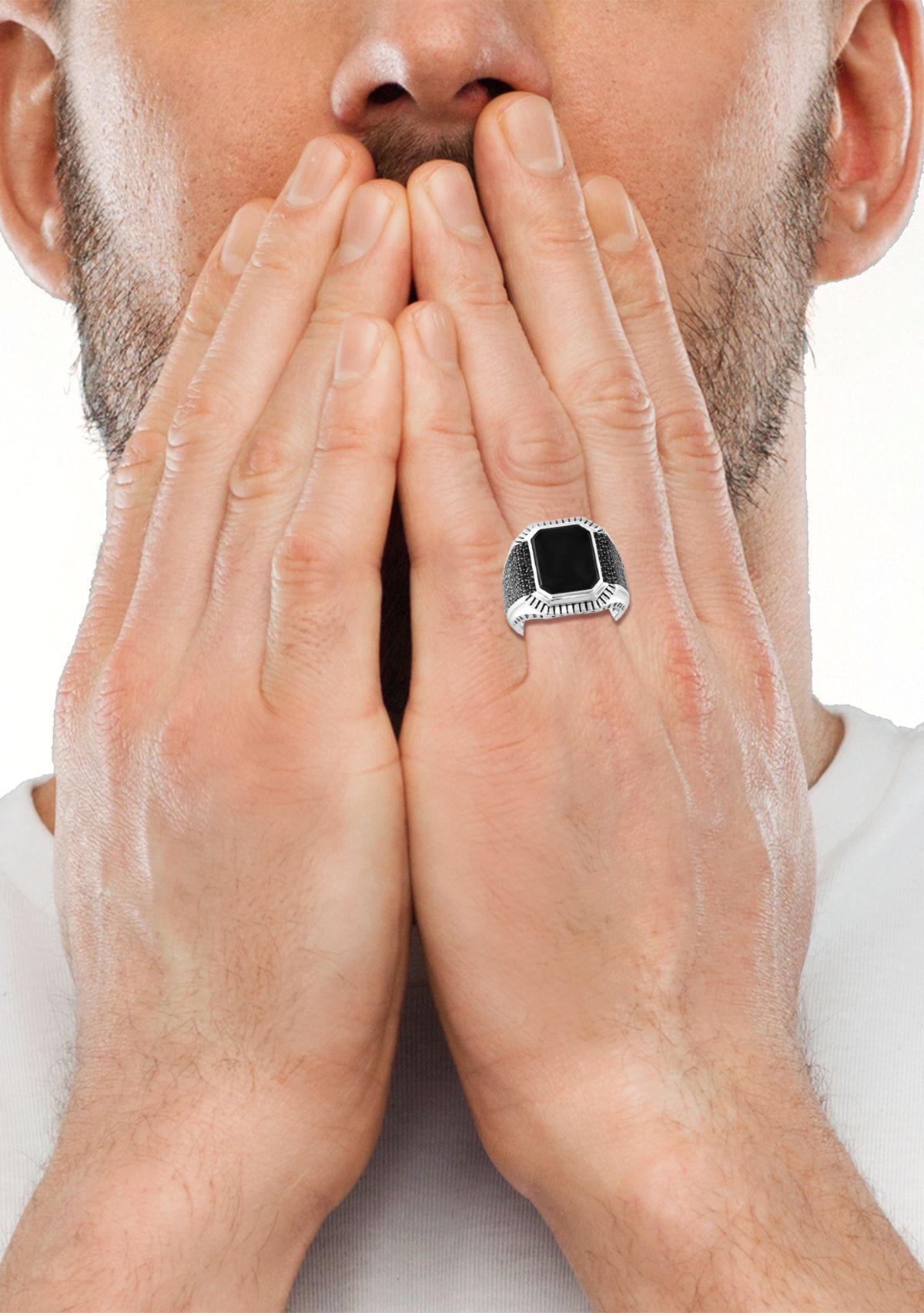 Mens Onyx and Black Spinel Ring in Sterling Silver