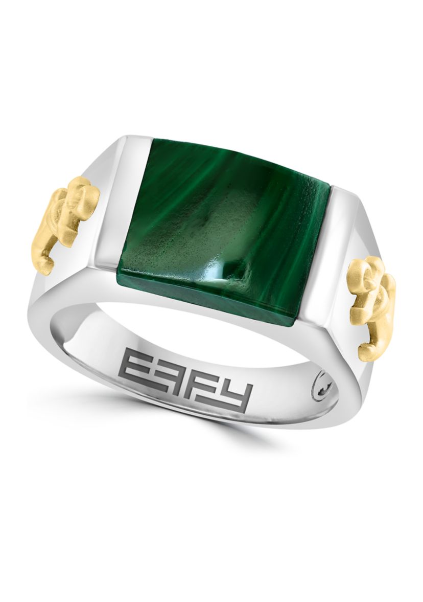 Sterling Silver/Gold-Plated  Malachite Mens Ring with Anchor Accents