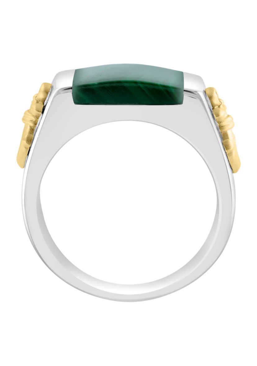 Sterling Silver/Gold-Plated  Malachite Mens Ring with Anchor Accents