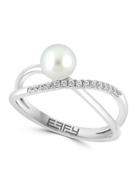 Effy Freshwater Pearl, White Sapphire Ring In Sterling Silver