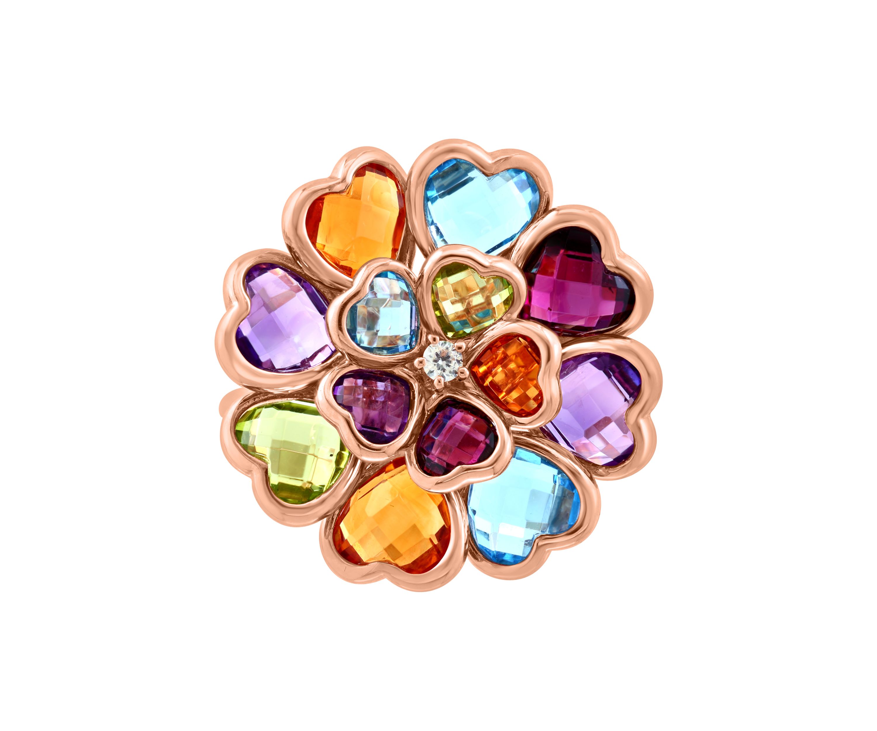  14K Rose Gold Diamond, Amethyst, Blue Topaz, Citrine, Rhodolite, and Peridot Ring 
