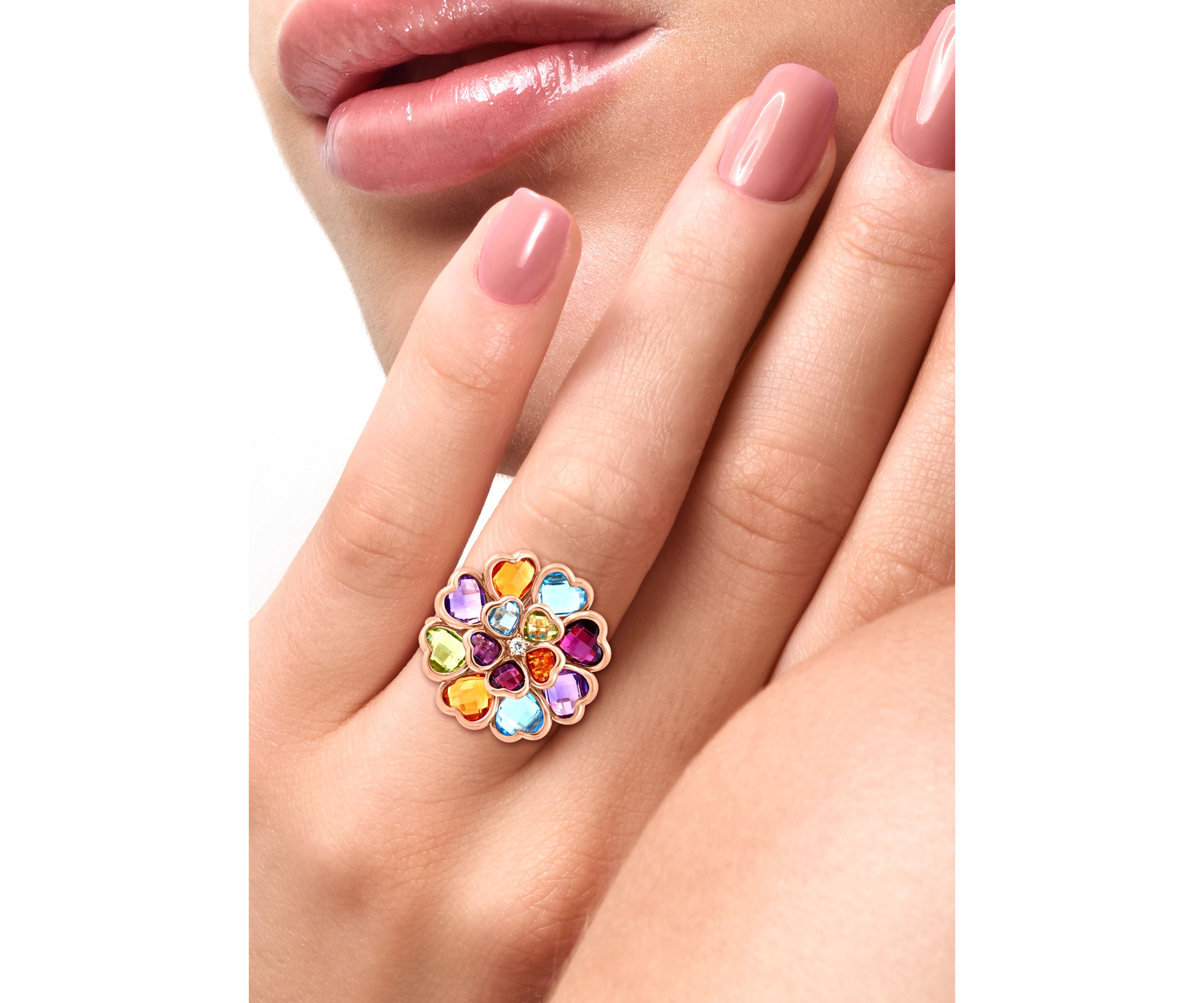 14K Rose Gold Diamond, Amethyst, Blue Topaz, Citrine, Rhodolite, and Peridot Ring 