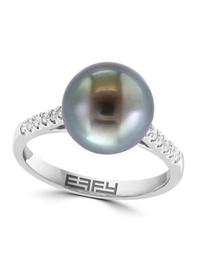 Effy 1/8 Ct. T.w. Diamond, Tahitian Pearl Ring In 14K White Gold