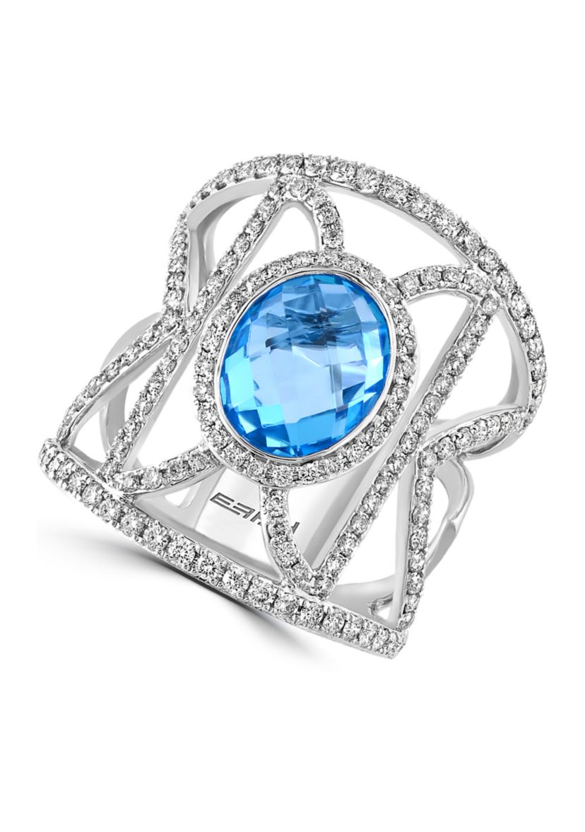 14K White Gold Diamond and Blue Topaz Ring