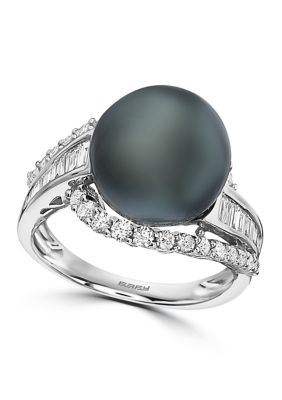 Effy 1/10 Ct. T.w. Diamond And Black Tahitian Pearl Ring In 14K White Gold