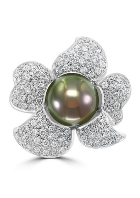 Effy 1 Ct. T.w. Diamond And Black Tahitian Pearl Ring In 14K White Gold