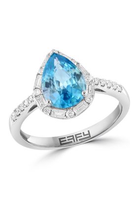 Effy Diamond and Blue Zircon Pear Ring in 14K White Gold, 7