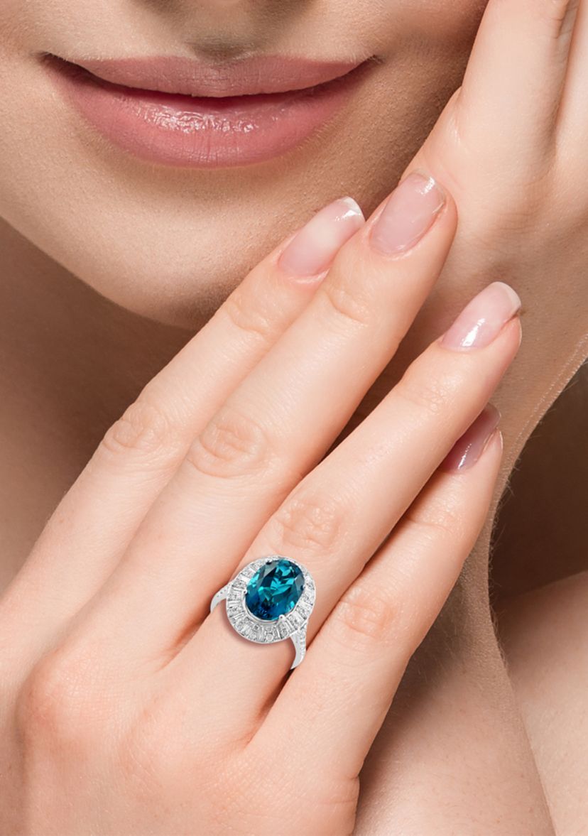 1.01 ct. t.w. Diamond and 5.6 ct. t.w. London Blue Topaz Ring in 14K White Gold
