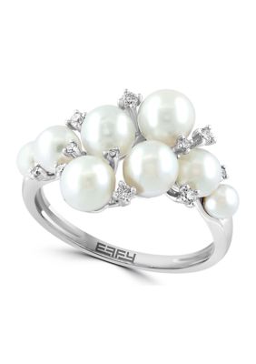 Effy 1/10 Ct. T.w. Diamond And Freshwater Pearl Cluster Ring In 14K White Gold