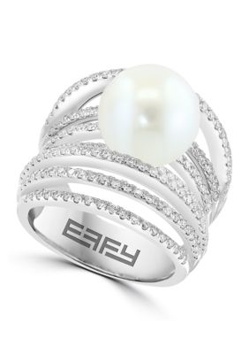 Effy 1.58 Ct. T.w. Diamond And Freshwater Pearl Ring In 14K White Gold
