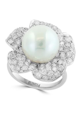 Effy 2 Ct. T.w. Diamond, Freshwater Pearl Ring In 14K White Gold
