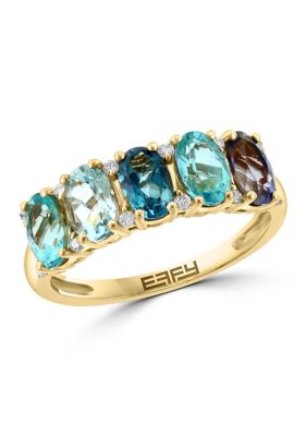 Effy 14K Yellow Gold Diamond London Blue Topaz Sky Blue Topaz Iolite Apatite Ring