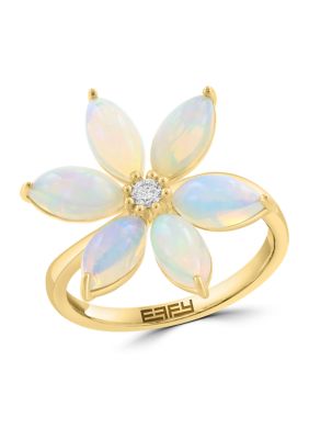 Effy 1/10 ct. t.w. Diamond and 2.6 Ethiopian Opal Flower Ring in 14K Yellow Gold, 7