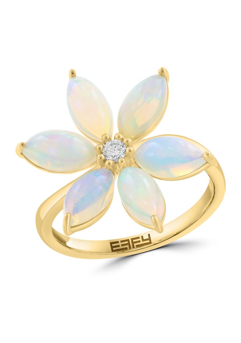 1/10 ct. t.w. Diamond and 2.6 Ethiopian Opal Flower Ring in 14K Yellow Gold