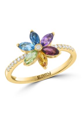 Effy Diamond Amethyst Blue Topaz London Blue Topaz Citrine Rhodolite Peridot Ring in 14K Yellow Gold, 7