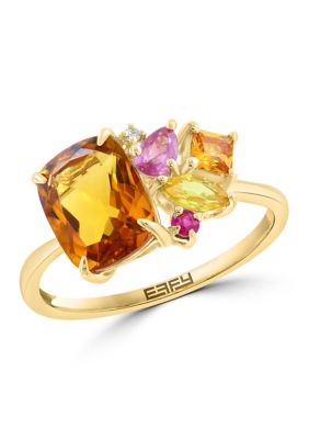 Effy Diamond, Madera Citrine, Ruby, Yellow Sapphire, Pink Sapphire and Orange Sapphire Ring in 14K Yellow Gold, 7