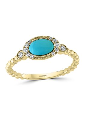 Effy 1/10 Ct. T.w. Diamond And 3/4 Ct. T.w. Turquoise Ring In 14K Yellow Gold