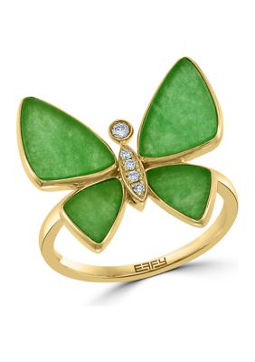 Effy 1/10 Ct. T.w. Diamond And 3.35 Ct. T.w Green Jade Butterfly Ring In 14K Yellow Gold