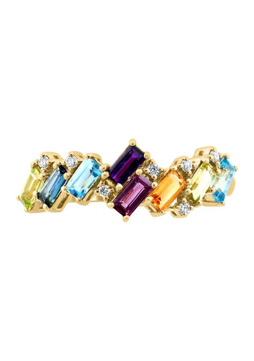 	 14K Yellow Gold Diamond, Amethyst, Blue Topaz, London Blue Topaz, Citrine, Garnet, Rhodolite, and Peridot Earrings 