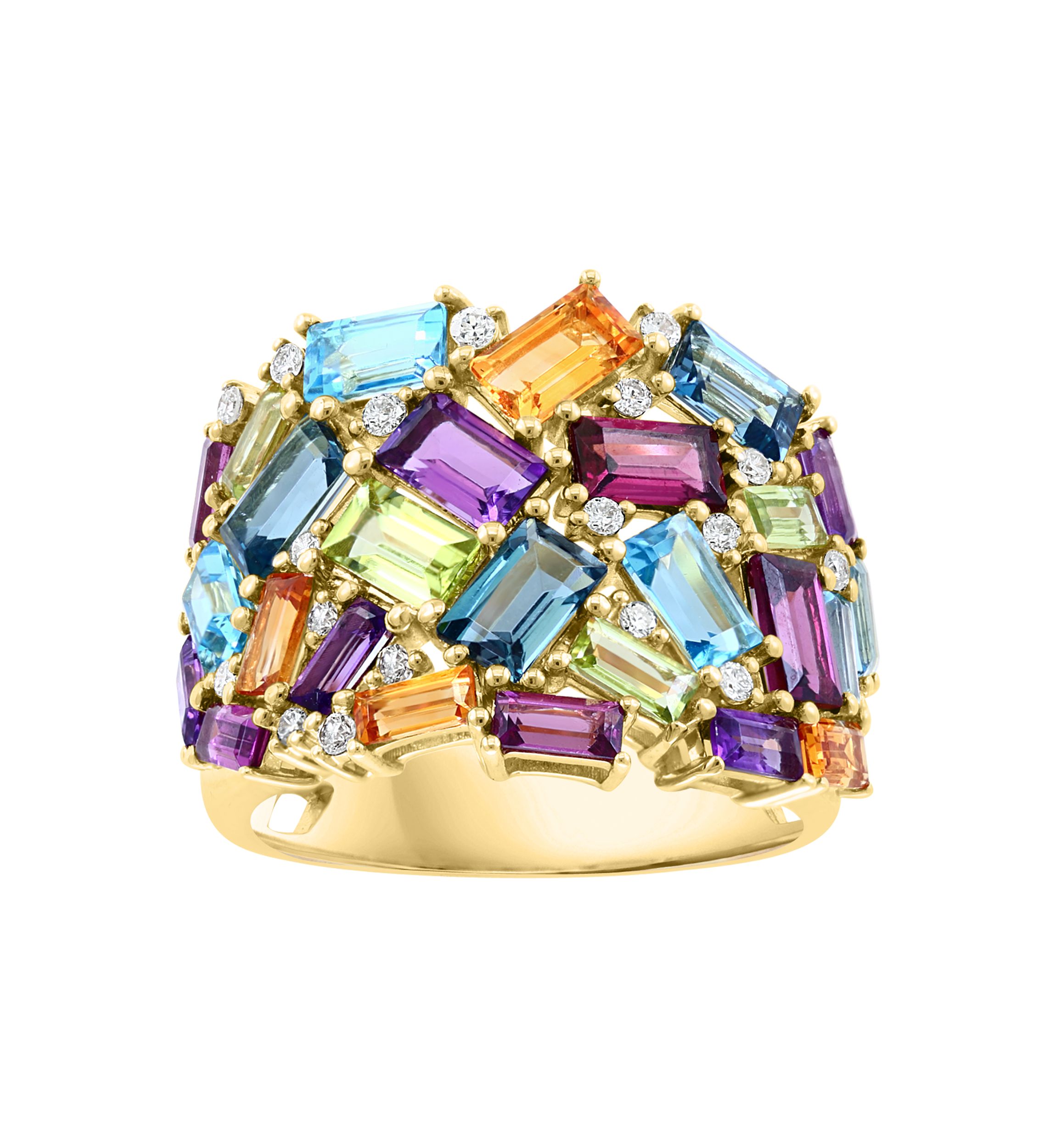 1/5 ct. t.w. Diamond and 5.26 ct. t.w. Mixed Semi Precious Stone Ring in 14K Yellow Gold