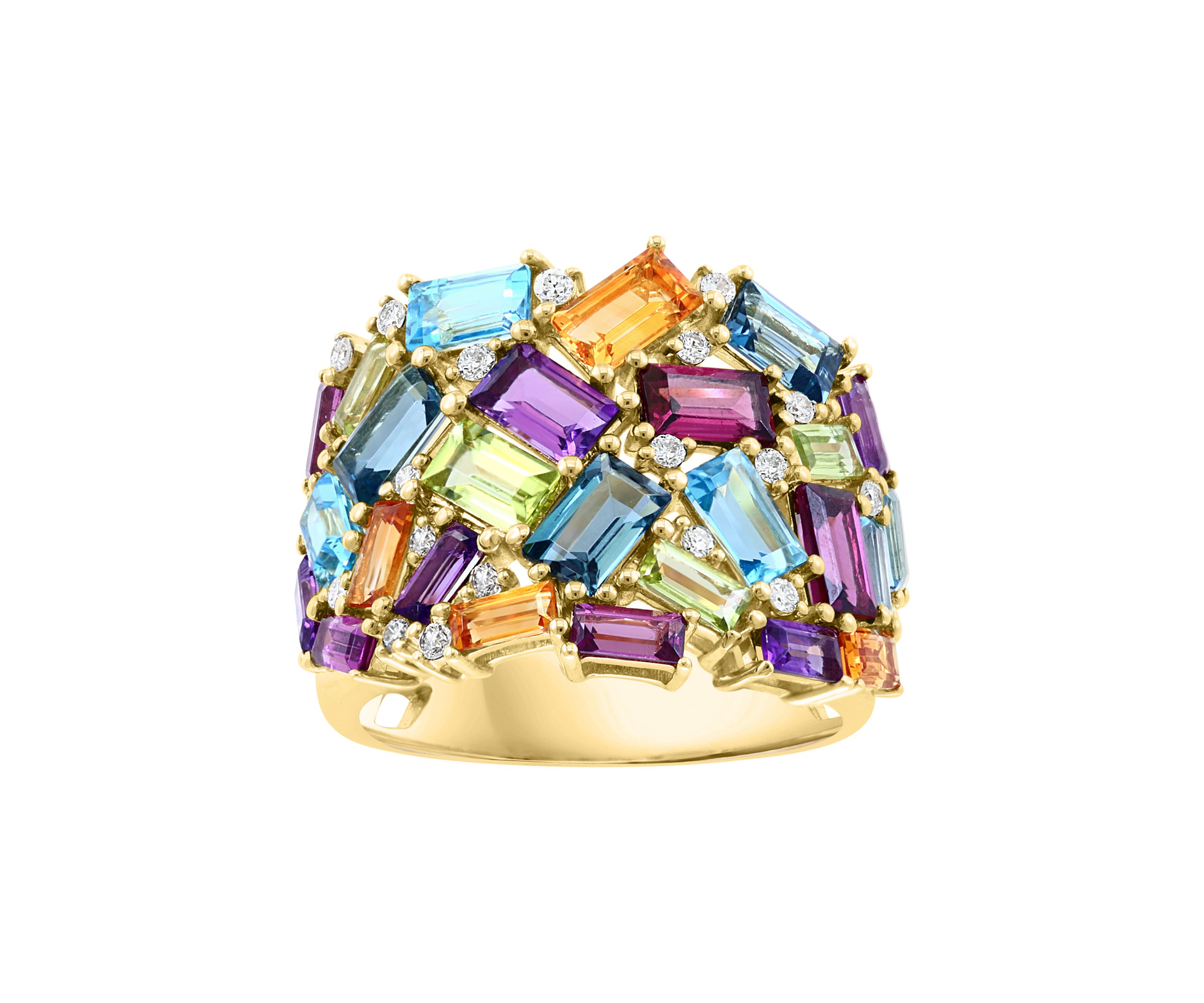 1/5 ct. t.w. Diamond and 5.26 ct. t.w. Mixed Semi Precious Stone Ring in 14K Yellow Gold