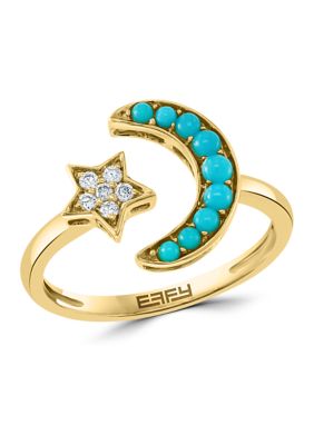 Effy 1/10 Ct. T.w. Diamond And 1/4 Ct. T.w. Turquoise Moon And Star Ring In 14K Yellow Gold