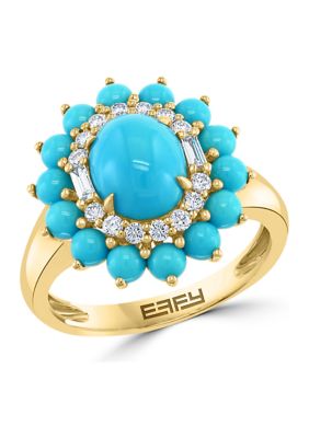 Effy 1/4 Ct. T.w. Diamond And 2.5 Ct. T.w. Turquoise Ring In 14K Yellow Gold
