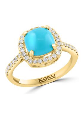 Effy 1/4 Ct. T.w. Diamond And Turquoise Square Ring In 14K Yellow Gold, 7 -  0617892082320