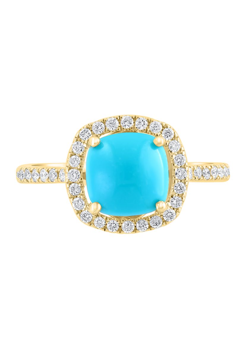 1/4 ct. t.w. Diamond and Turquoise Square Ring in 14K Yellow Gold