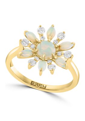 Effy 1/4 Ct. T.w. Diamond And 1/2 Ct. T.w. Opal Flower Ring In 14K Yellow Gold