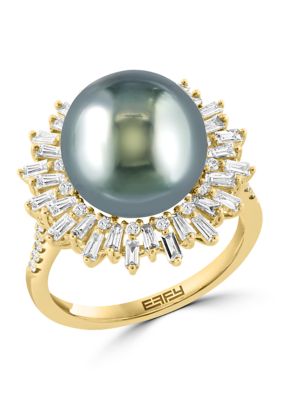 Effy 3/4 Ct. T.w. Diamond And Black Tahitian Pearl Ring In 14K Yellow Gold, 7 -  0617892829628