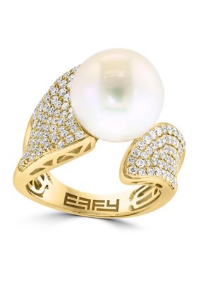 Effy 1.13 Ct. T.w. Diamond, Freshwater Pearl Ring In 14K Yellow Gold