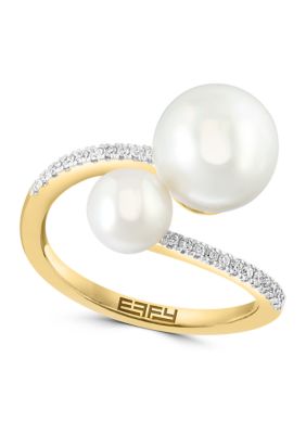 Effy 1/8 Ct. T.w. Diamond And Freshwater Pearl Ring In 14K Yellow Gold