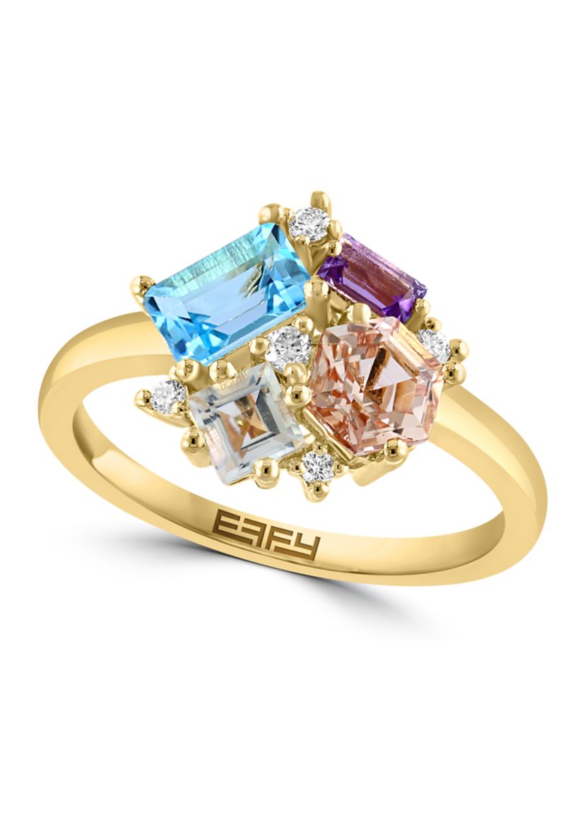 Diamond, Amethyst, Green Amethyst, Blue Topaz and Morganite Ring in 14K Yellow Gold