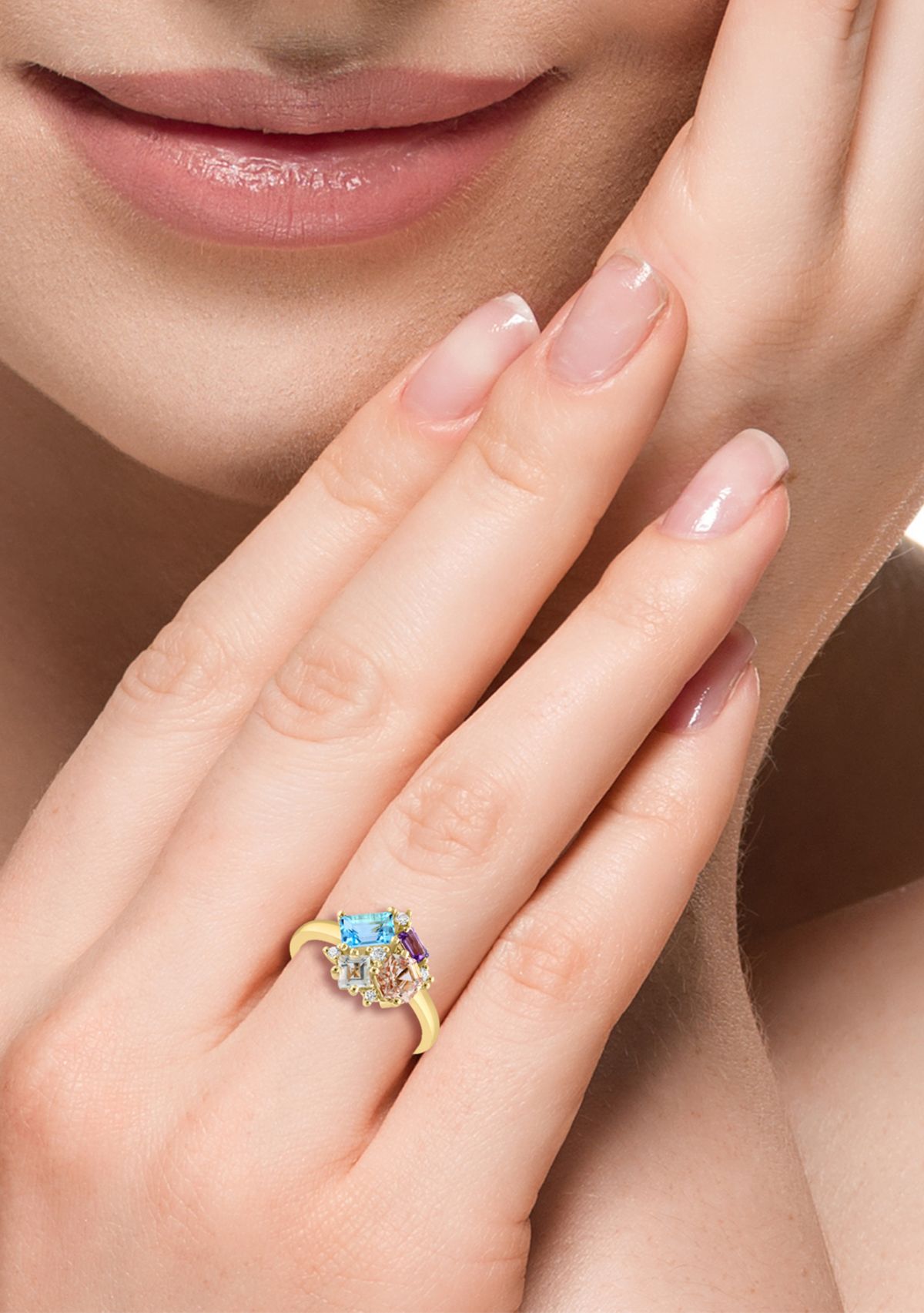 Diamond, Amethyst, Green Amethyst, Blue Topaz and Morganite Ring in 14K Yellow Gold