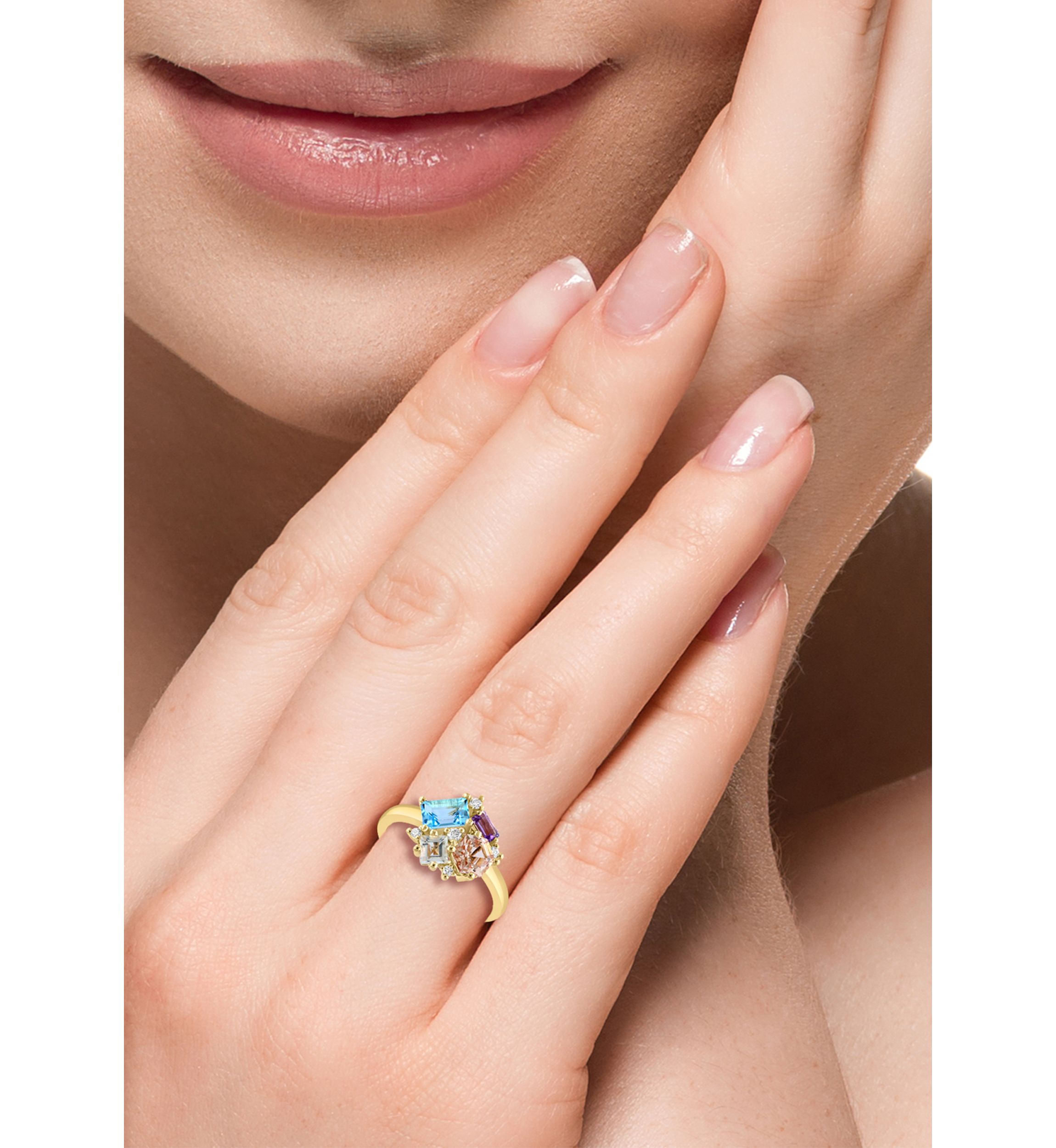Diamond, Amethyst, Green Amethyst, Blue Topaz and Morganite Ring in 14K Yellow Gold