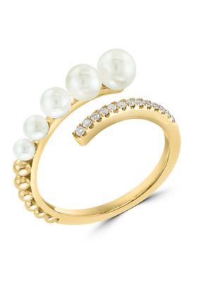 Effy 1/10 Ct. T.w. Diamond And Freshwater Pearl Wrap Ring In 14K Yellow Gold