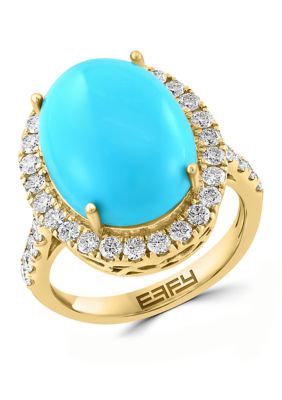 Effy 7/8 Ct. T.w Diamond Turquoise Ring In 14K Yellow Gold