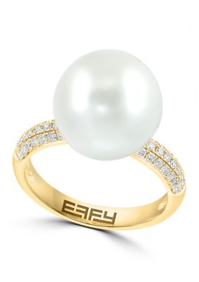 Effy 1/3 Ct.t.w. Diamond And Freshwater Pearl Ring In 14K Yellow Gold