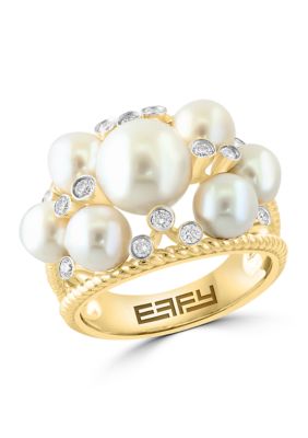 Effy 14K Yellow Gold Diamond Fresh Water Pearl Ring, 7