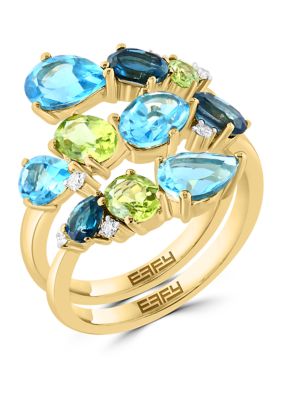 Effy 1/10 Ct. T.w. Diamond, Blue Topaz, London Blue Topaz And Peridot Ring In 14K Yellow Gold