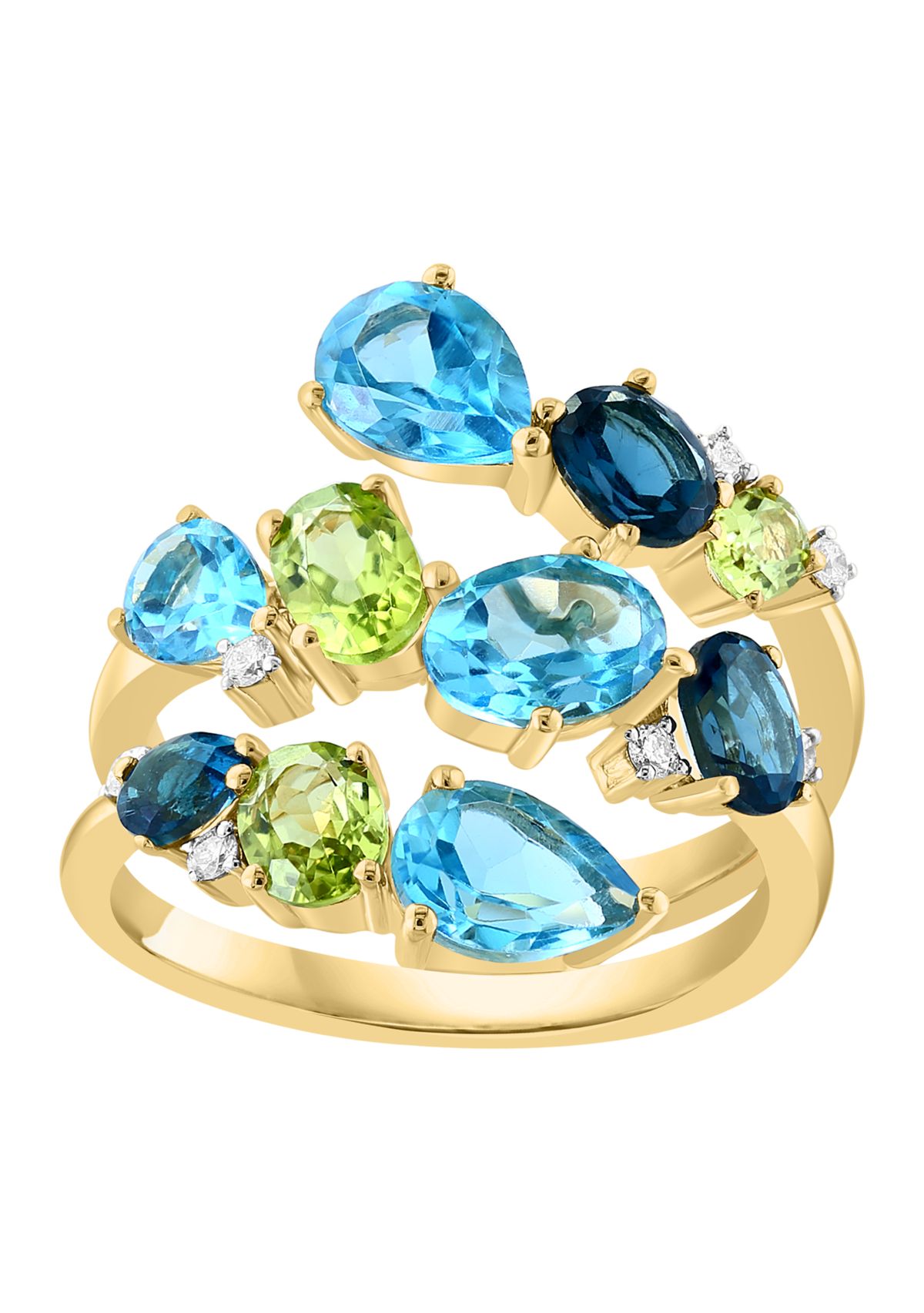 1/10 ct. t.w. Diamond, Blue Topaz, London Blue Topaz and Peridot Ring in 14K Yellow Gold