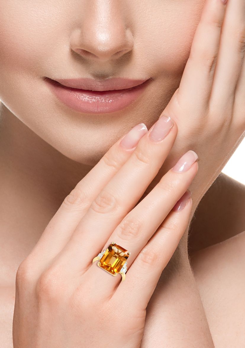 10.5 ct. t.w. Citrine, 1/10 ct. t.w. Diamond Ring In 14K Yellow Gold