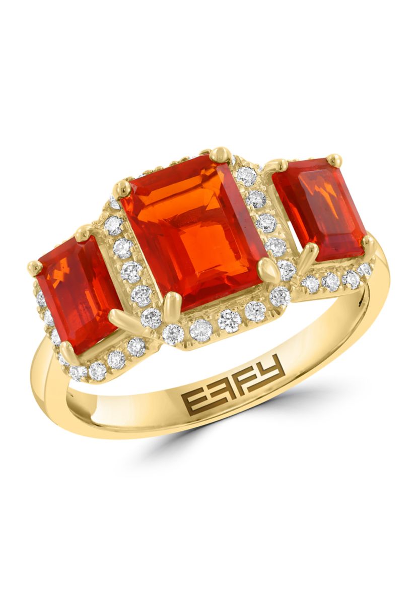 Diamond and Mexican Fire Opal Ring in 14K Yellow Gold